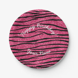 Happy Birthday roze glitter zebrastrepen Papieren Bordje