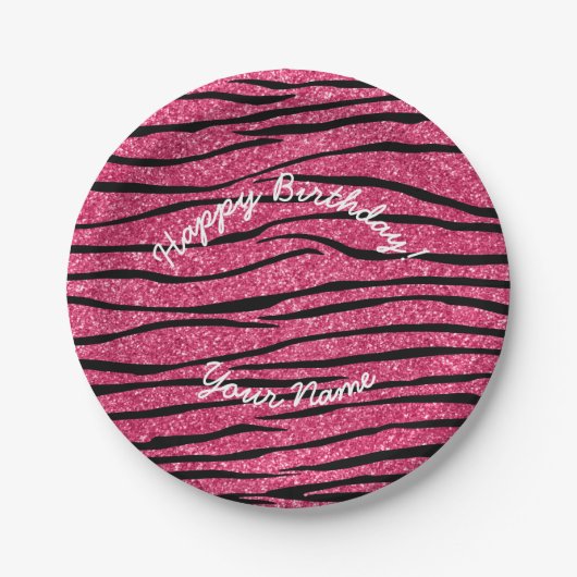 Happy Birthday roze glitter zebrastrepen Papieren Bordje (Voorkant)