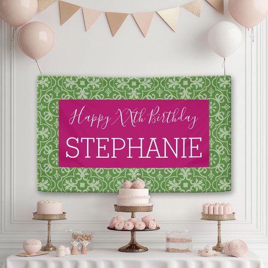 Happy Birthday - roze groen gepatterd Spandoek