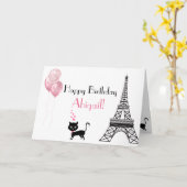 Happy Birthday Roze Heart Eiffel Tower Cat Kaart (Gele Bloem)