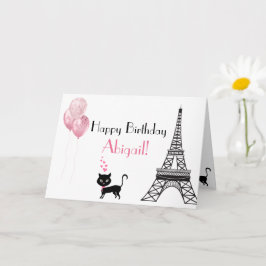 Happy Birthday Roze Heart Eiffel Tower Cat Kaart