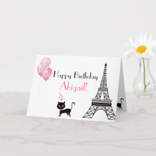 Happy Birthday Roze Heart Eiffel Tower Cat Kaart