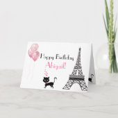 Happy Birthday Roze Heart Eiffel Tower Cat Kaart (Voorkant)
