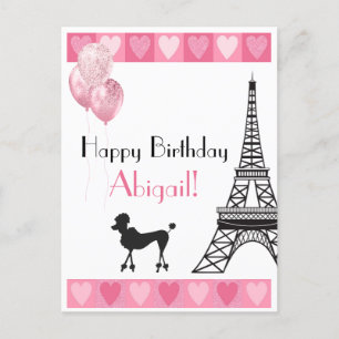 Happy Birthday roze Heart Eiffel Tower Poodle Briefkaart