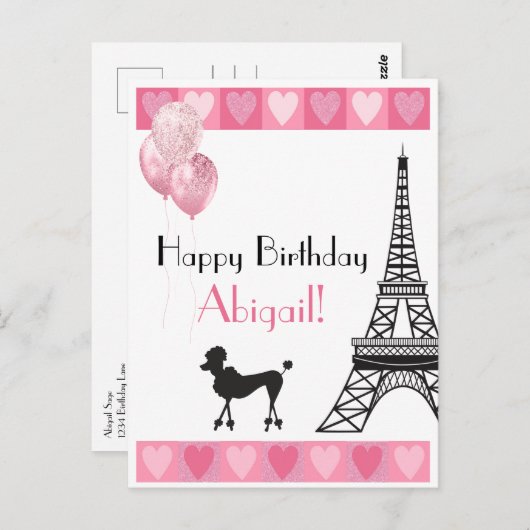 Happy Birthday roze Heart Eiffel Tower Poodle Briefkaart (Voorkant / Achterkant)