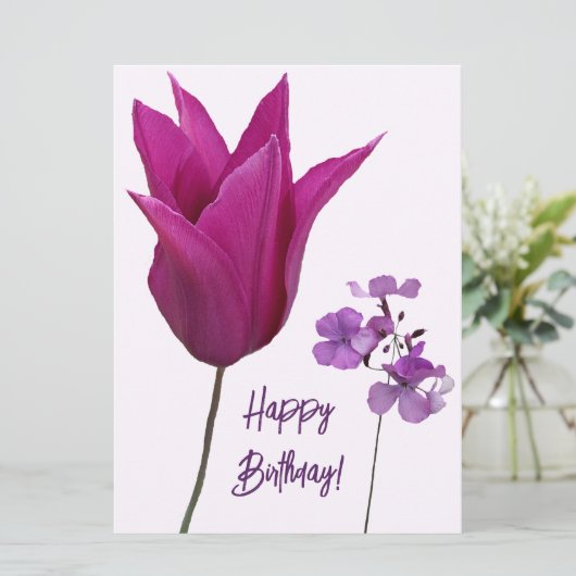Happy Birthday  roze paarse bloemen modern Feestdagenkaart (Staand voorkant)
