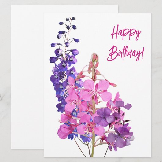 Happy Birthday  roze paarse bloemetjes bloemig Feestdagenkaart (Voorkant / Achterkant)