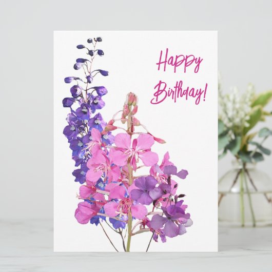 Happy Birthday  roze paarse bloemetjes bloemig Feestdagenkaart (Staand voorkant)