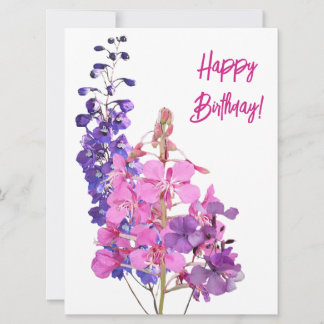 Happy Birthday roze paarse bloemetjes bloemig Feestdagenkaart
