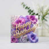 Happy Birthday Roze, Paarse Morning Glory Flowers Kaart (Staand voorkant)