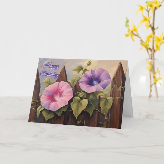 Happy Birthday Roze Paarse Morning Glory Flowers Kaart (Gele Bloem)