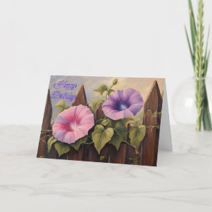 Happy Birthday Roze Paarse Morning Glory Flowers Kaart