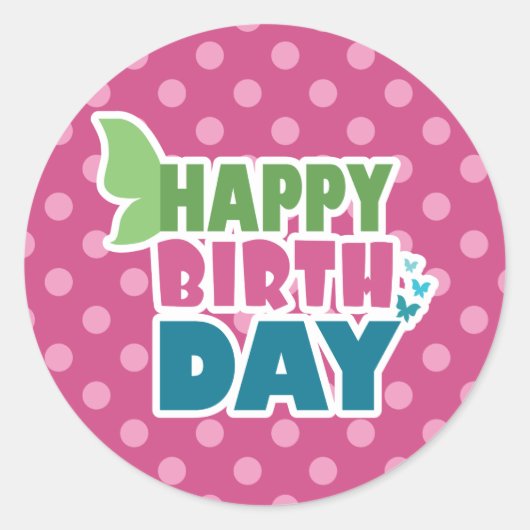 Happy birthday roze polka dot vlinder stickers (Voorkant)