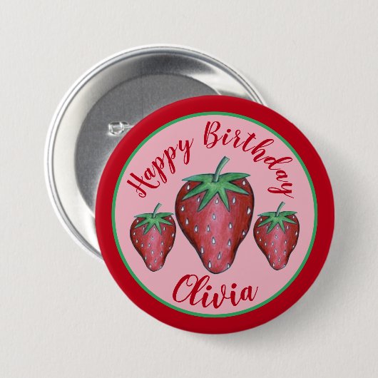 Happy Birthday roze rode aardbeien Ronde Button 7,6 Cm (Voorkant /achterkant)
