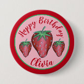 Happy Birthday roze rode aardbeien Ronde Button 7,6 Cm (Voorkant)