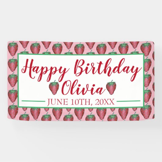 Happy Birthday roze rode aardbeien Spandoek (Horizontaal)