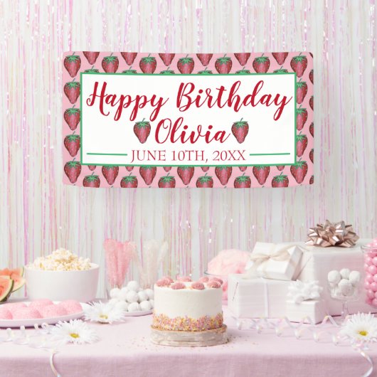 Happy Birthday roze rode aardbeien Spandoek (Feest)