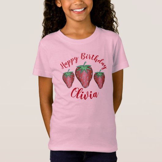 Happy Birthday roze rode aardbeien T-shirt (Voorkant)