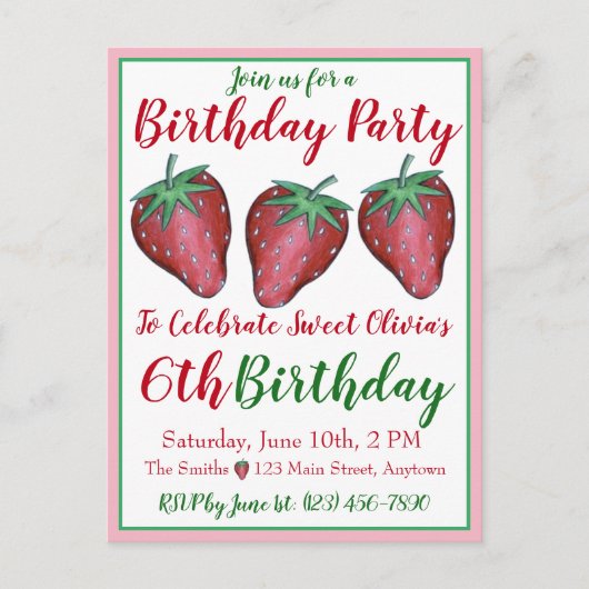 Happy Birthday roze rode aardbeien Uitnodiging Briefkaart (Voorkant)