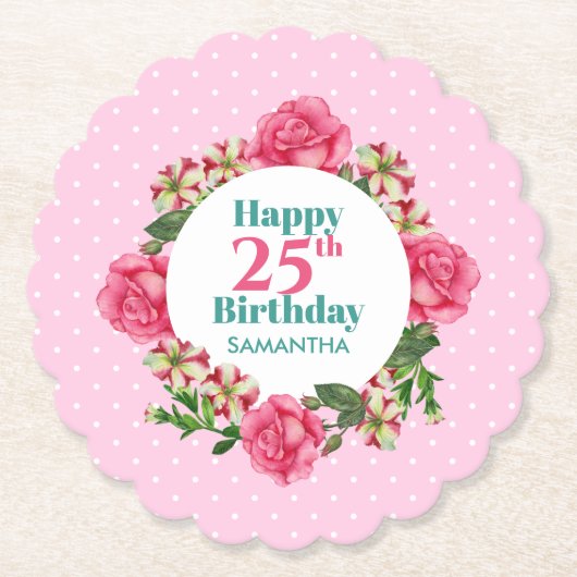 Happy Birthday roze Rose Red White Petunia Polka Kartonnen Onderzetters (Voorkant)