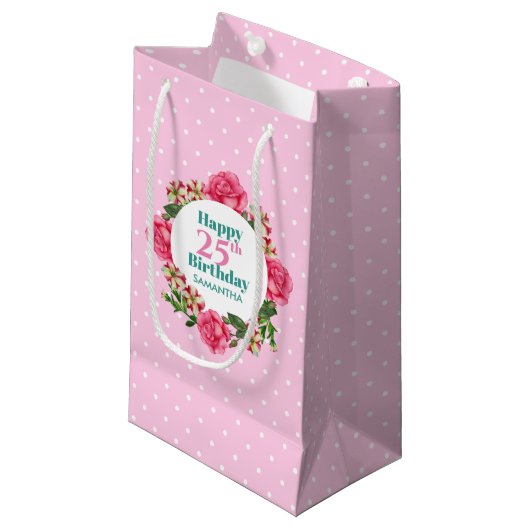 Happy Birthday roze Rose Red White Petunia Polka Klein Cadeauzakje (Voorkant Gekanteld)