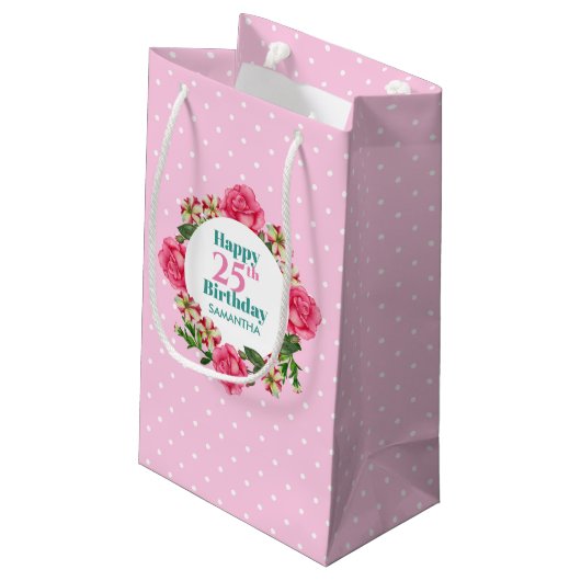 Happy Birthday roze Rose Red White Petunia Polka Klein Cadeauzakje (Achterkant Gekanteld)