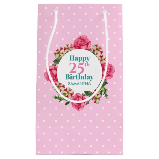 Happy Birthday roze Rose Red White Petunia Polka Klein Cadeauzakje (Voorkant)