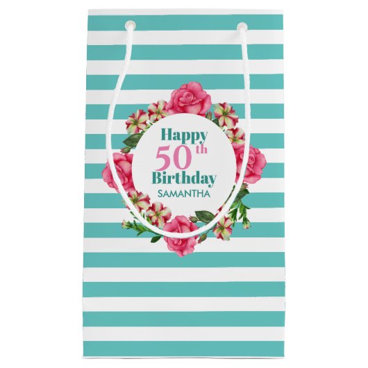Happy Birthday roze Rose Red White Petunia Stripes Klein Cadeauzakje (Voorkant)