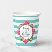 Happy Birthday roze Rose Red White Petunia Stripes Papieren Bekers (Achterkant)