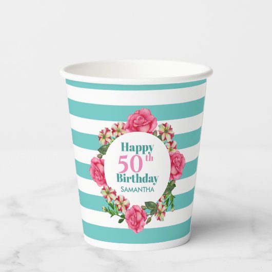 Happy Birthday roze Rose Red White Petunia Stripes Papieren Bekers (Achterkant)