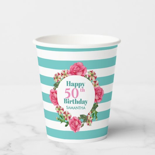 Happy Birthday roze Rose Red White Petunia Stripes Papieren Bekers (Voorkant)