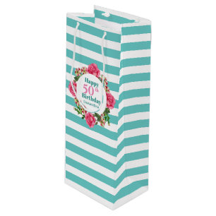 Happy Birthday roze Rose Red White Petunia Stripes Wijn Cadeautas