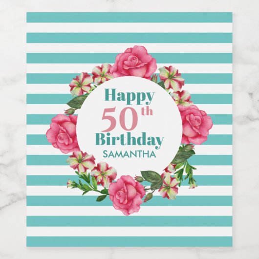 Happy Birthday roze Rose Red White Petunia Stripes Wijn Etiket (Enkel label)