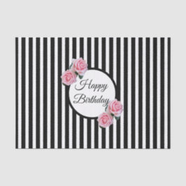 Happy Birthday roze rozen zwarte witte strepen Tissuepapier