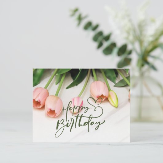 Happy Birthday roze Tulip Flowers Briefkaart (Staand voorkant)