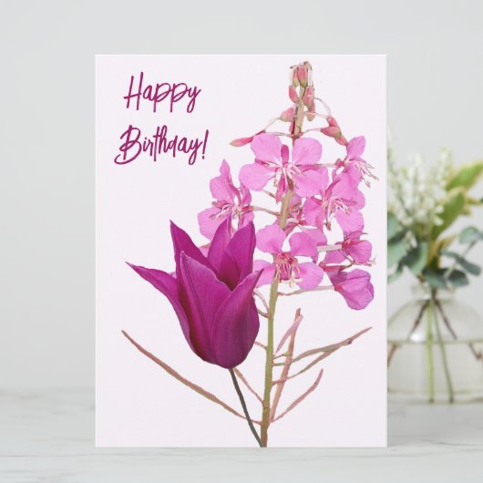 Happy Birthday  roze tulp bloemenkleurrijk Feestdagenkaart (Staand voorkant)