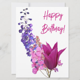 Happy Birthday  roze tulp paarse bloemenpret Feestdagenkaart