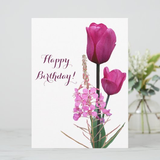 Happy Birthday roze tulp simpel elegant Feestdagenkaart (Staand voorkant)