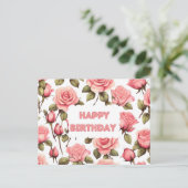 Happy Birthday Roze Waterverf Rozen Briefkaart (Staand voorkant)