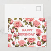 Happy Birthday Roze Waterverf Rozen Briefkaart (Voorkant / Achterkant)