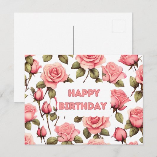 Happy Birthday Roze Waterverf Rozen Briefkaart (Voorkant / Achterkant)