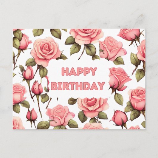 Happy Birthday Roze Waterverf Rozen Briefkaart (Voorkant)