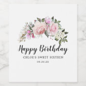 Happy Birthday Roze White Floral Wine Label Wijn Etiket (Enkel label)