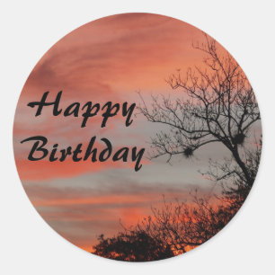 Happy Birthday, roze zonsopgang met boom Ronde Sticker