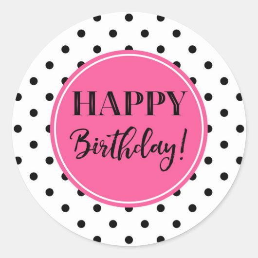 Happy Birthday roze zwarte witte Stippen Ronde Sticker (Voorkant)