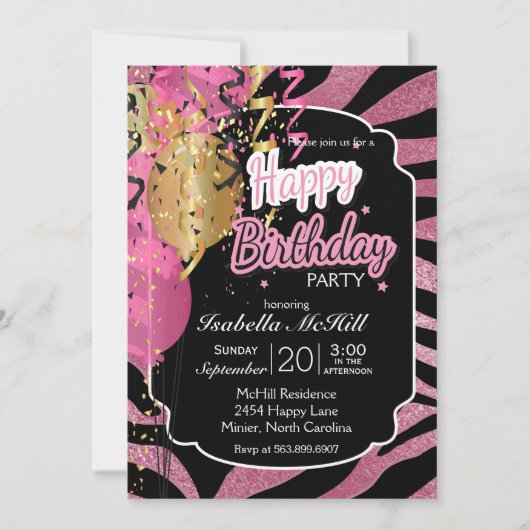 Happy BIrthday - Roze & Zwarte Zebra Stripes Invit Kaart (Voorkant)