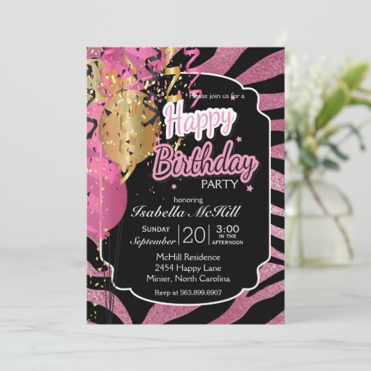 Happy BIrthday - Roze & Zwarte Zebra Stripes Invit Kaart (Staand voorkant)