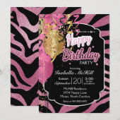 Happy BIrthday - Roze & Zwarte Zebra Stripes Invit Kaart (Voorkant / Achterkant)