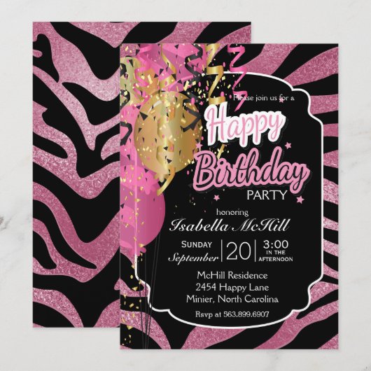 Happy BIrthday - Roze & Zwarte Zebra Stripes Invit Kaart (Voorkant / Achterkant)