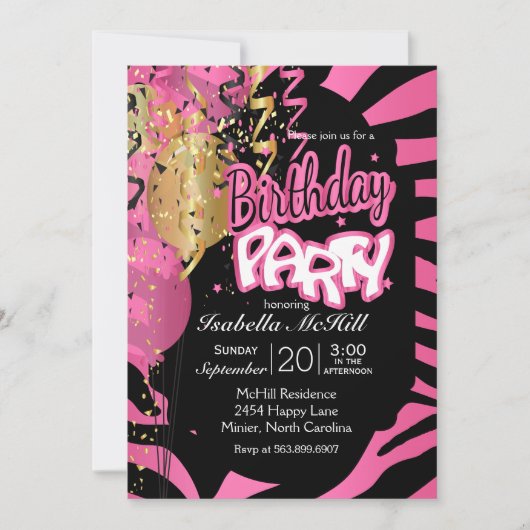 Happy BIrthday -  roze & zwarte zebrastripes Kaart (Voorkant)